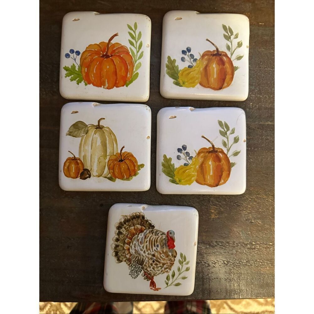 Mud Pie Holiday Gather Pumpkin Tile Resin Coasters Set of 5